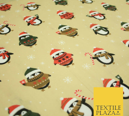 Festive Christmas Cosy Penguins Snowy Printed Poly Cotton Fabric Polycotton 45"