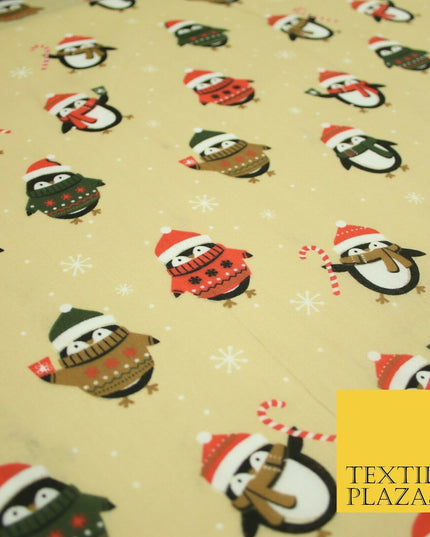 Festive Christmas Cosy Penguins Snowy Printed Poly Cotton Fabric Polycotton 45"