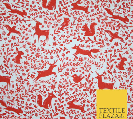 Festive Christmas Forest Animals Birds Printed Poly Cotton Fabric Polycotton 45"