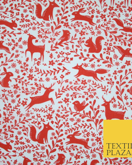 Festive Christmas Forest Animals Birds Printed Poly Cotton Fabric Polycotton 45"