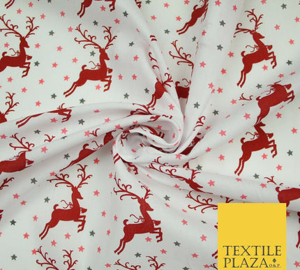 Festive Prancing Reindeers Stags Stars Printed Poly Cotton Fabric Polycotton 45"