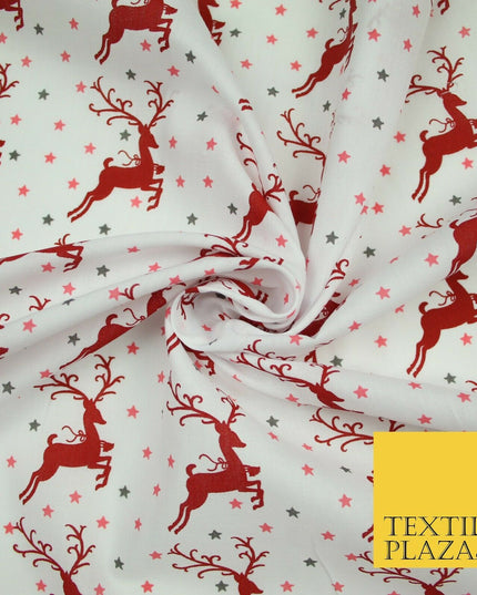 Festive Prancing Reindeers Stags Stars Printed Poly Cotton Fabric Polycotton 45"