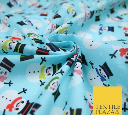 Festive Christmas Smart Happy Snowman Printed Poly Cotton Fabric Polycotton 45"