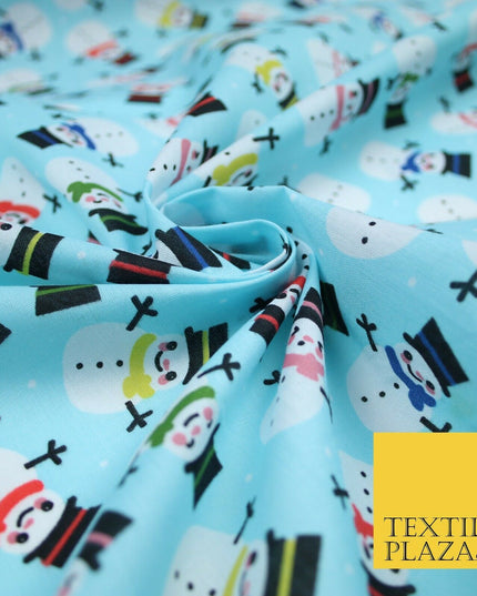 Festive Christmas Smart Happy Snowman Printed Poly Cotton Fabric Polycotton 45"