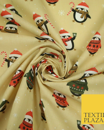 Festive Christmas Cosy Penguins Snowy Printed Poly Cotton Fabric Polycotton 45"