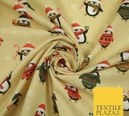 Festive Christmas Cosy Penguins Snowy Printed Poly Cotton Fabric Polycotton 45"