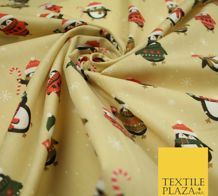 Festive Christmas Cosy Penguins Snowy Printed Poly Cotton Fabric Polycotton 45"