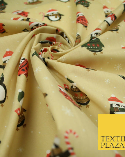 Festive Christmas Cosy Penguins Snowy Printed Poly Cotton Fabric Polycotton 45"