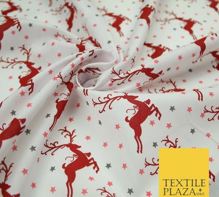 Festive Prancing Reindeers Stags Stars Printed Poly Cotton Fabric Polycotton 45"