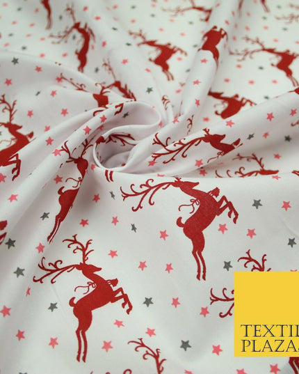 Festive Prancing Reindeers Stags Stars Printed Poly Cotton Fabric Polycotton 45"