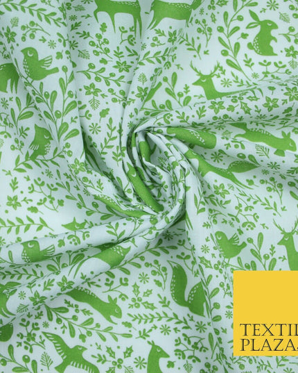 Festive Christmas Forest Animals Birds Printed Poly Cotton Fabric Polycotton 45"