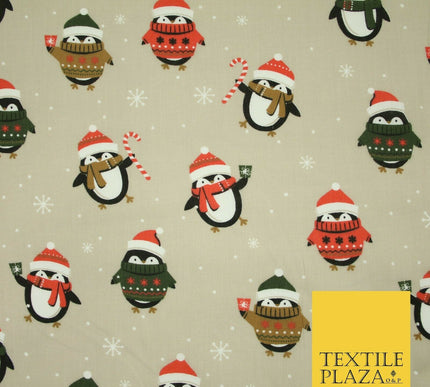 Festive Christmas Cosy Penguins Snowy Printed Poly Cotton Fabric Polycotton 45"
