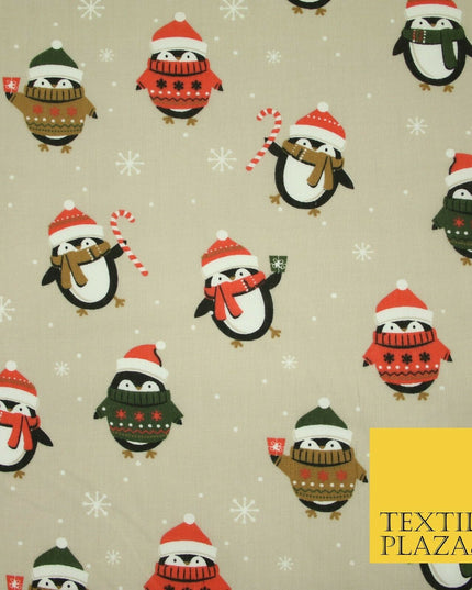 Festive Christmas Cosy Penguins Snowy Printed Poly Cotton Fabric Polycotton 45"