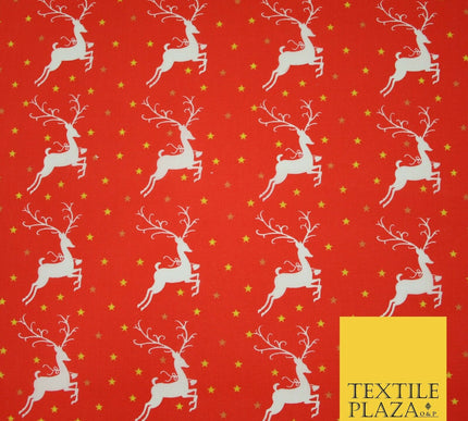 Festive Prancing Reindeers Stags Stars Printed Poly Cotton Fabric Polycotton 45"