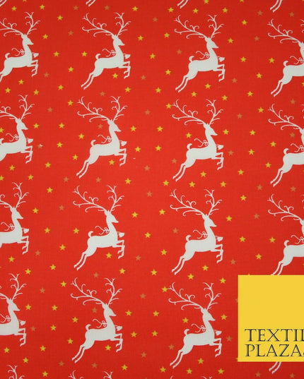 Festive Prancing Reindeers Stags Stars Printed Poly Cotton Fabric Polycotton 45"