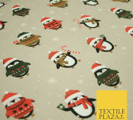Festive Christmas Cosy Penguins Snowy Printed Poly Cotton Fabric Polycotton 45"