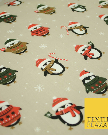 Festive Christmas Cosy Penguins Snowy Printed Poly Cotton Fabric Polycotton 45"