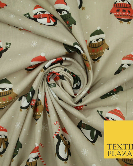 Festive Christmas Cosy Penguins Snowy Printed Poly Cotton Fabric Polycotton 45"
