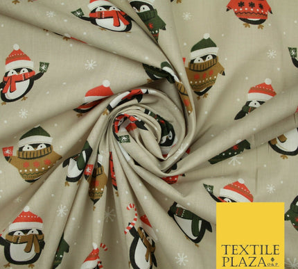 Festive Christmas Cosy Penguins Snowy Printed Poly Cotton Fabric Polycotton 45"