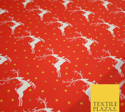 Festive Prancing Reindeers Stags Stars Printed Poly Cotton Fabric Polycotton 45"