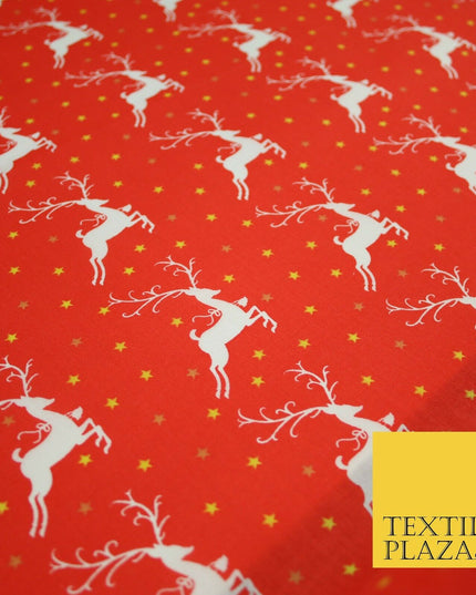 Festive Prancing Reindeers Stags Stars Printed Poly Cotton Fabric Polycotton 45"