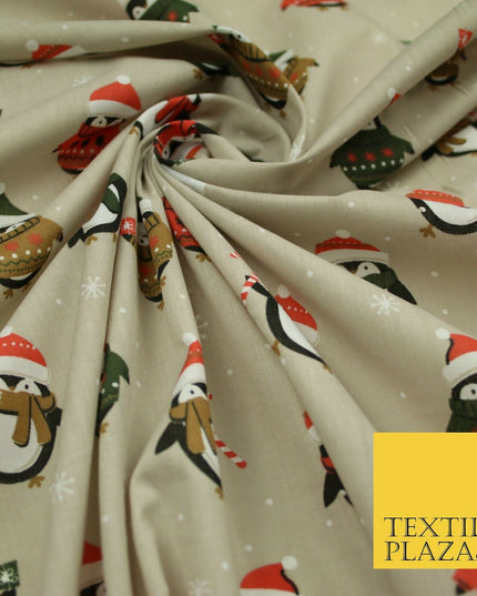 Festive Christmas Cosy Penguins Snowy Printed Poly Cotton Fabric Polycotton 45"