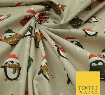 Festive Christmas Cosy Penguins Snowy Printed Poly Cotton Fabric Polycotton 45"