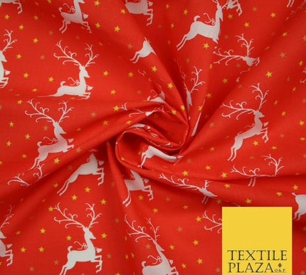 Festive Prancing Reindeers Stags Stars Printed Poly Cotton Fabric Polycotton 45"