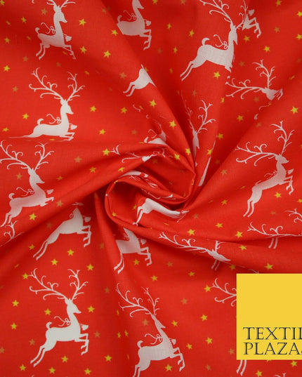 Festive Prancing Reindeers Stags Stars Printed Poly Cotton Fabric Polycotton 45"