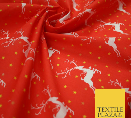 Festive Prancing Reindeers Stags Stars Printed Poly Cotton Fabric Polycotton 45"