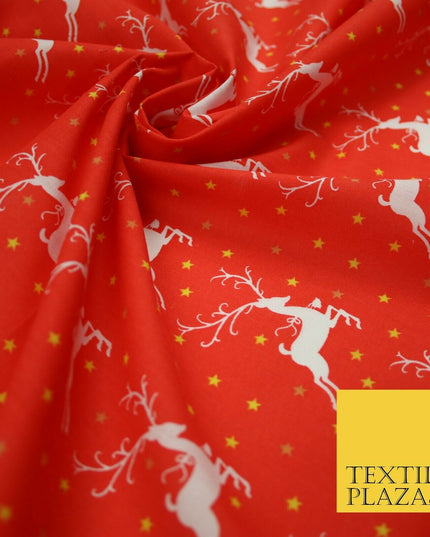 Festive Prancing Reindeers Stags Stars Printed Poly Cotton Fabric Polycotton 45"