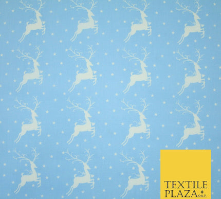 Festive Prancing Reindeers Stags Stars Printed Poly Cotton Fabric Polycotton 45"
