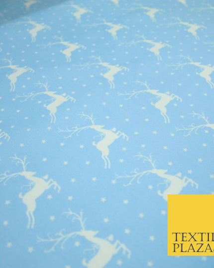 Festive Prancing Reindeers Stags Stars Printed Poly Cotton Fabric Polycotton 45"