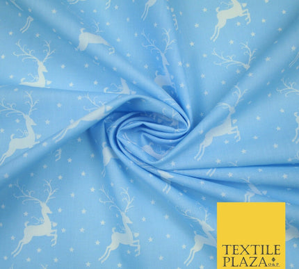 Festive Prancing Reindeers Stags Stars Printed Poly Cotton Fabric Polycotton 45"