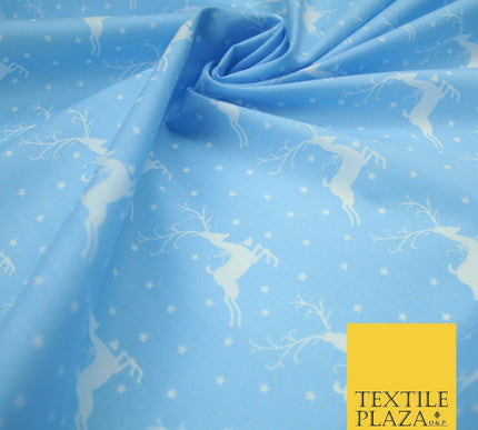Festive Prancing Reindeers Stags Stars Printed Poly Cotton Fabric Polycotton 45"