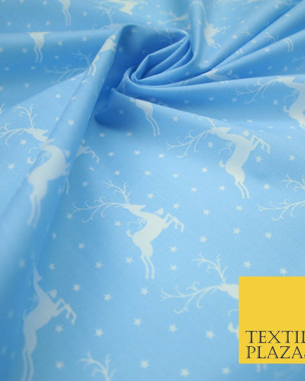 Festive Prancing Reindeers Stags Stars Printed Poly Cotton Fabric Polycotton 45"