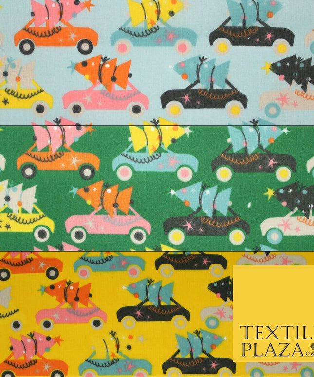 Festive Driving Car Christmas Trees Printed Poly Cotton Fabric Polycotton 45"