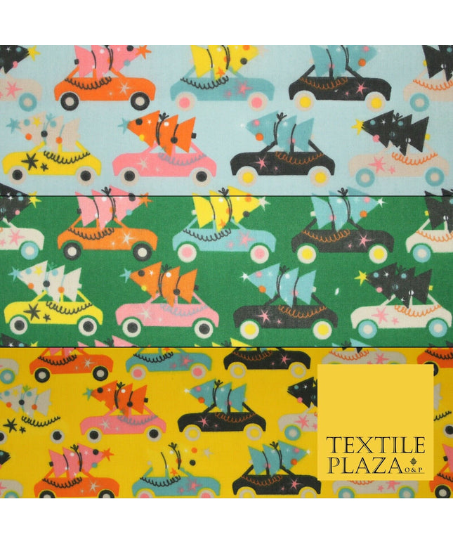 Festive Driving Car Christmas Trees Printed Poly Cotton Fabric Polycotton 45"