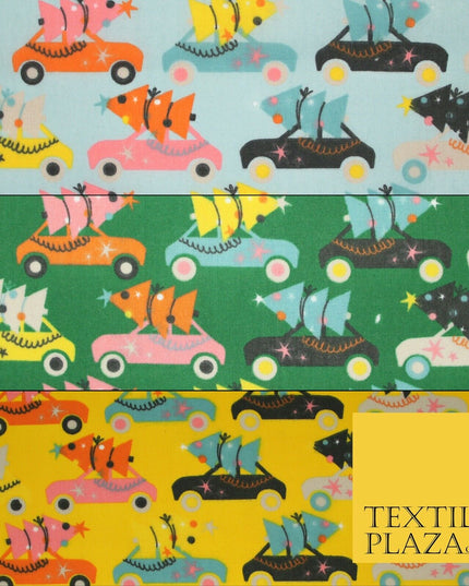 Festive Driving Car Christmas Trees Printed Poly Cotton Fabric Polycotton 45"