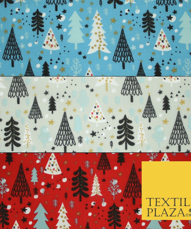 Festive Christmas Trees Stars Winter Printed Poly Cotton Fabric Polycotton 45"