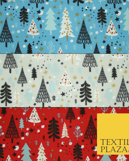 Festive Christmas Trees Stars Winter Printed Poly Cotton Fabric Polycotton 45"