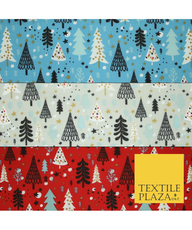 Festive Christmas Trees Stars Winter Printed Poly Cotton Fabric Polycotton 45"