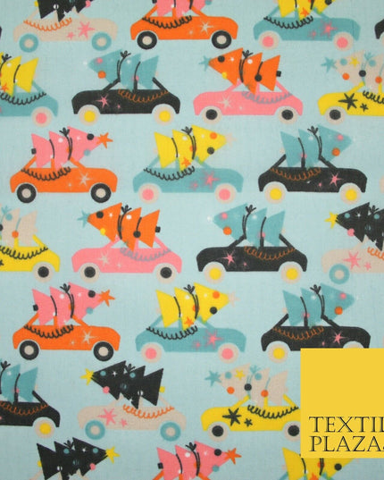 Festive Driving Car Christmas Trees Printed Poly Cotton Fabric Polycotton 45"