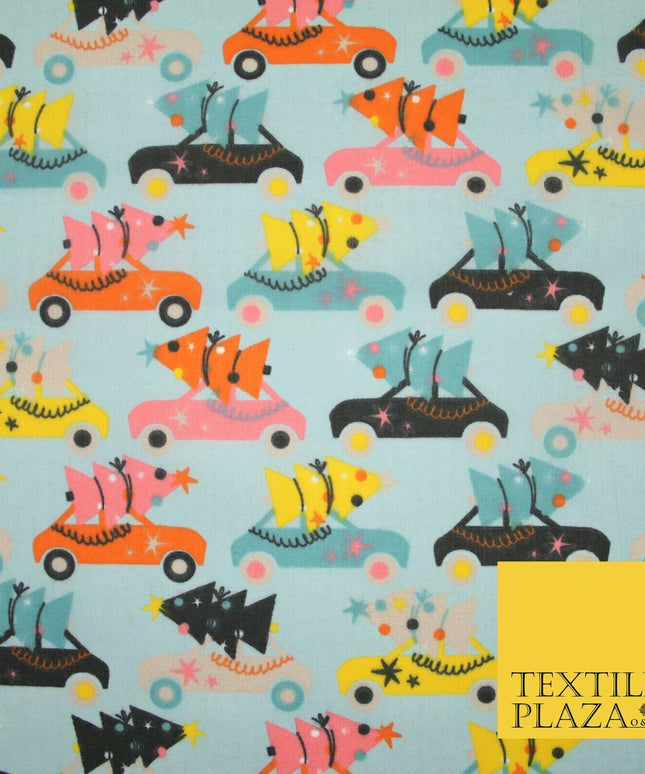 Festive Driving Car Christmas Trees Printed Poly Cotton Fabric Polycotton 45"