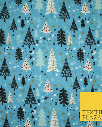 Festive Christmas Trees Stars Winter Printed Poly Cotton Fabric Polycotton 45"