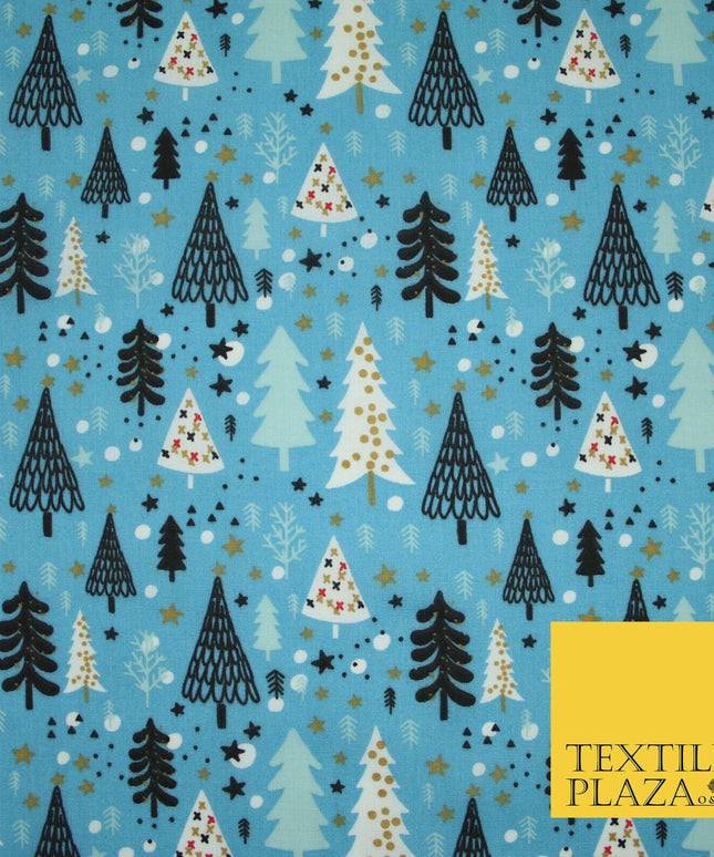 Festive Christmas Trees Stars Winter Printed Poly Cotton Fabric Polycotton 45"