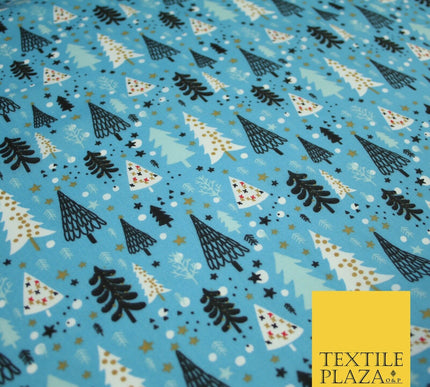 Festive Christmas Trees Stars Winter Printed Poly Cotton Fabric Polycotton 45"