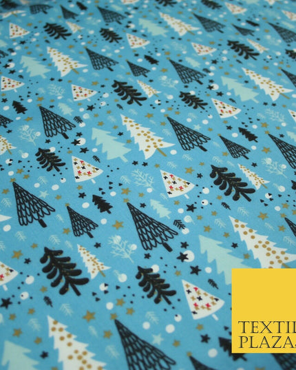 Festive Christmas Trees Stars Winter Printed Poly Cotton Fabric Polycotton 45"