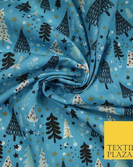 Festive Christmas Trees Stars Winter Printed Poly Cotton Fabric Polycotton 45"