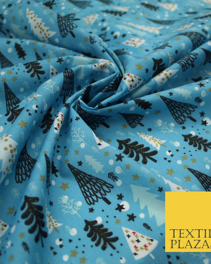 Festive Christmas Trees Stars Winter Printed Poly Cotton Fabric Polycotton 45"